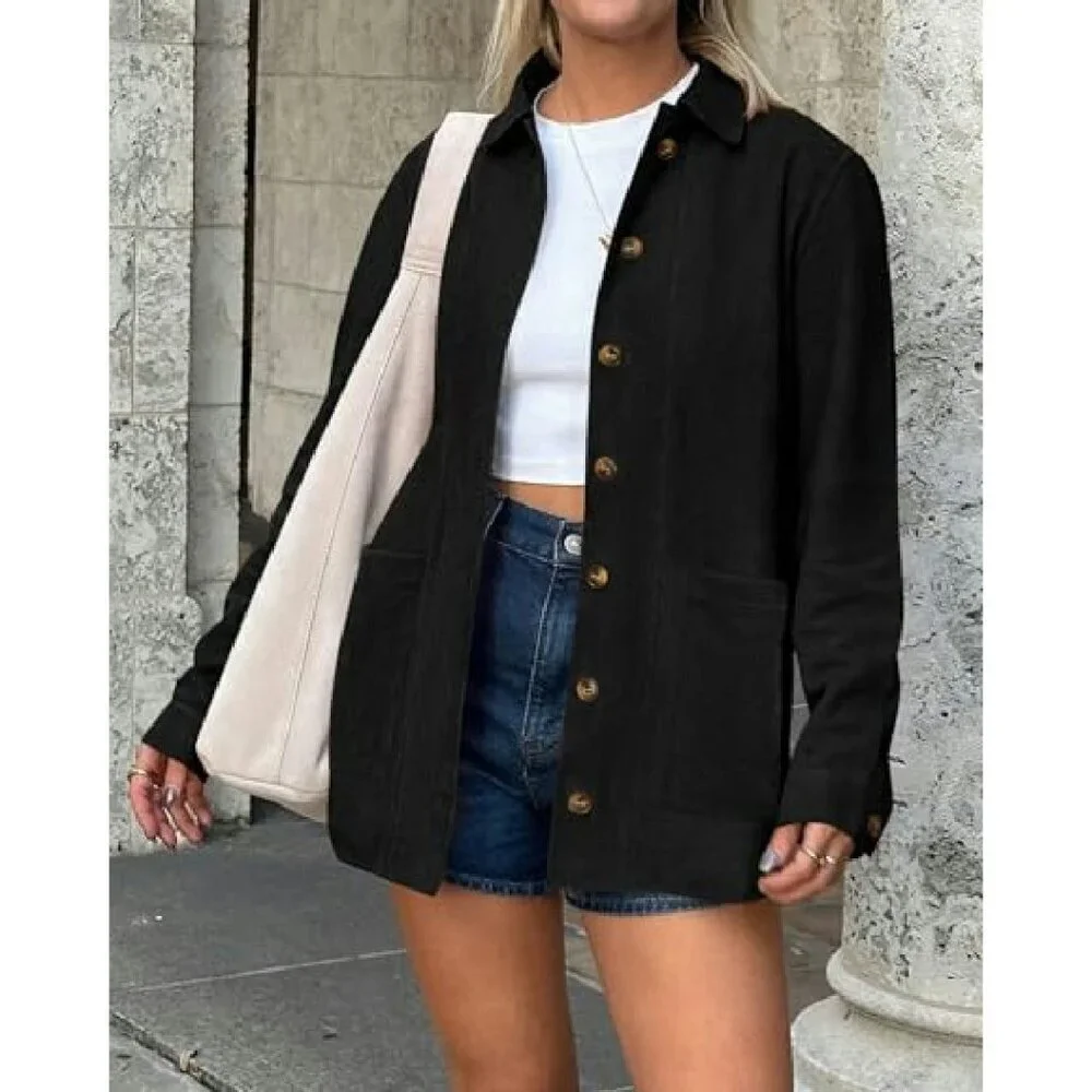 Faux Suede Button-Down Jacket Women's Size M Long Sleeve Shacket